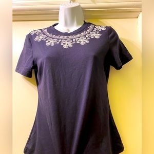 Navy Blue SHEIN short sleeved shirt with white design Pattern Collar